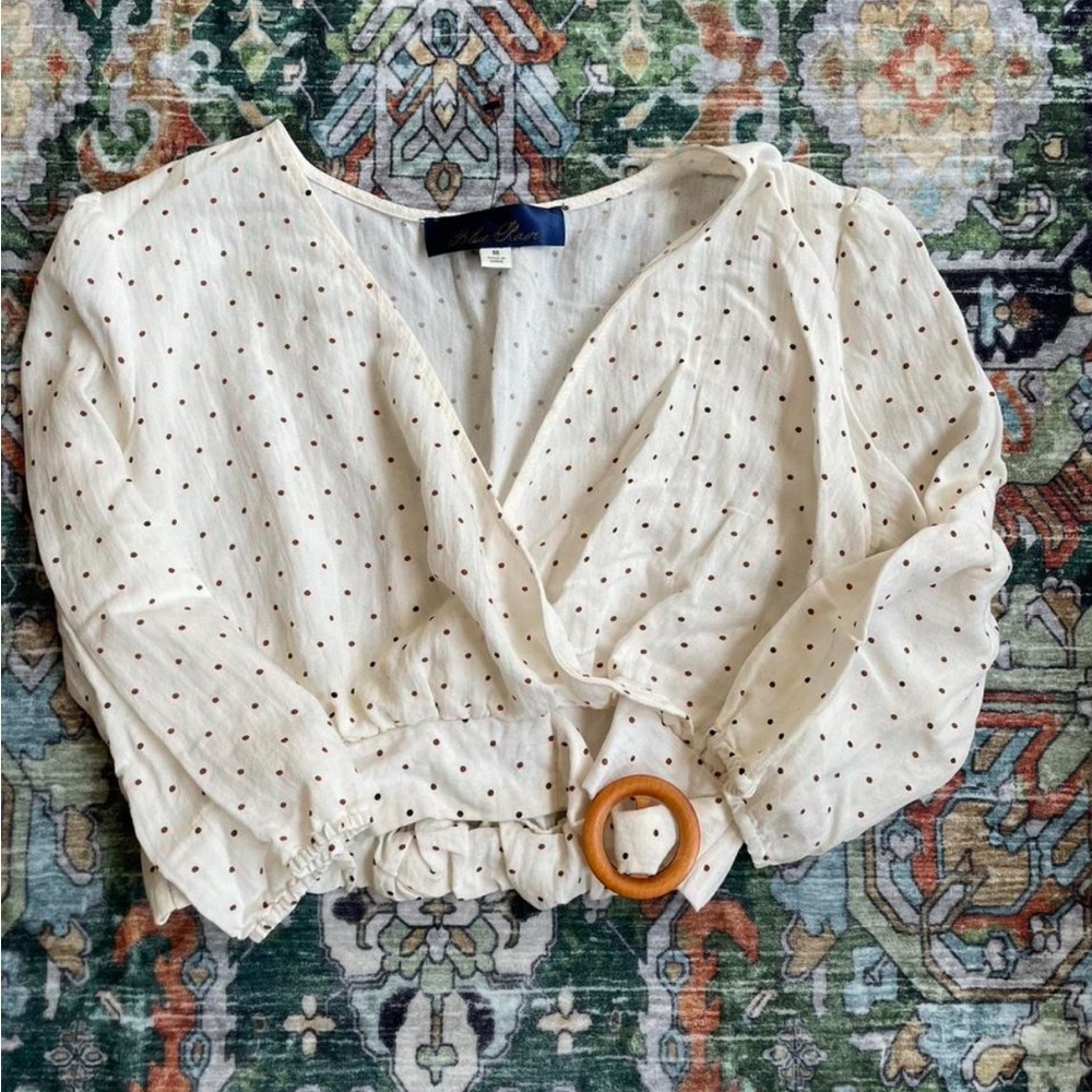 Blue Rain Cream Wrap Blouse with Long Sleeves